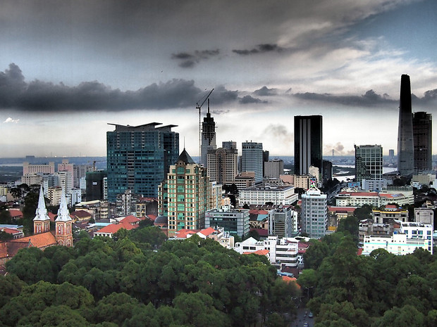 Saigon skyline, with the Bitexco Tower and Notre Dame cathedral.