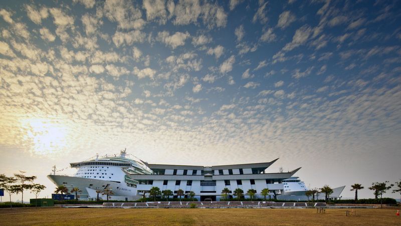 Evening shot of cruise ships and the Cruise Centre