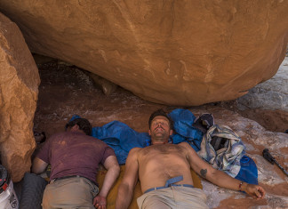 Kevin Fedarko and Pete McBride rest before hiking out early on their first leg of their sectional hike. McBride suffered hyponatremia, dangerously low salt levels.
