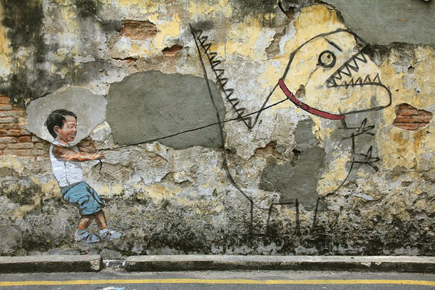 Penang Street Art, "Little Boy with Pet Dinosaur" Mural, Ah Quee Street, George Town, Penang
