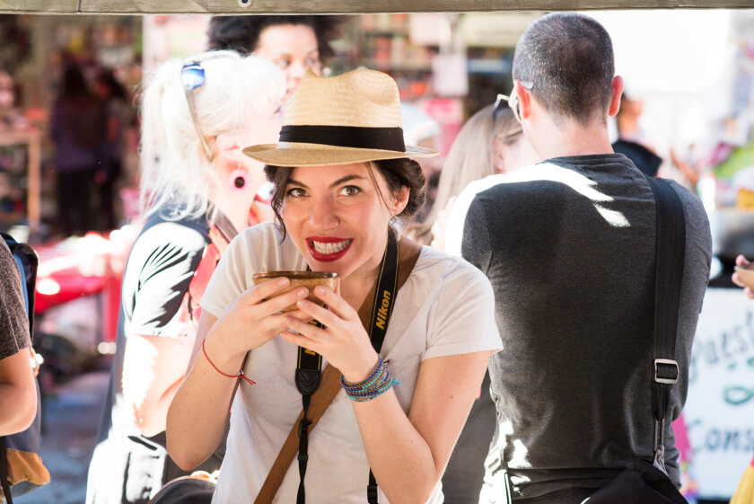 A candid shot of me trying a local drink while roaming the Tlacolula market.