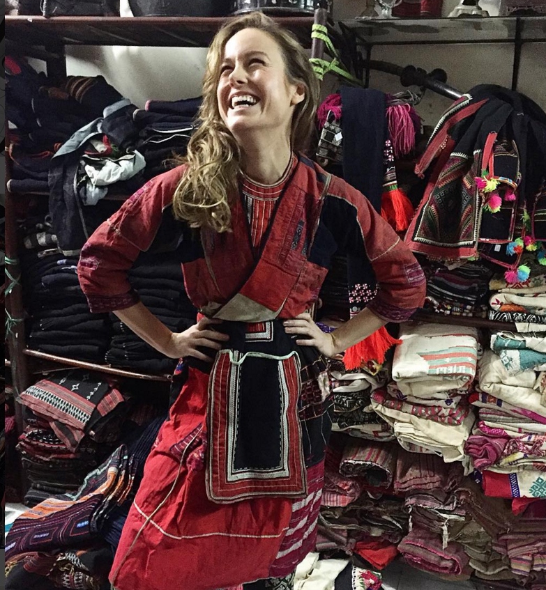 Brie Larson tries out the traditional costume of Hmong, an ethnic minority in Vietnam, at the set of ‘Kong: Skull Island’ in Quang Binh, Vietnam, February 22, 2016. Photo: Instagram/brielarson