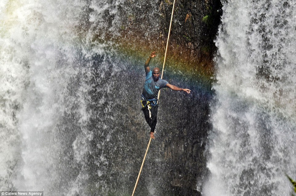 The daredevil said the intense noise of the water made him feel a little nervous but described the experience as "magic". Image by Caters News Agency