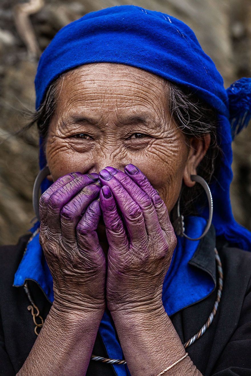 Elder Lady Hmong With Purple Dye On Her Hand