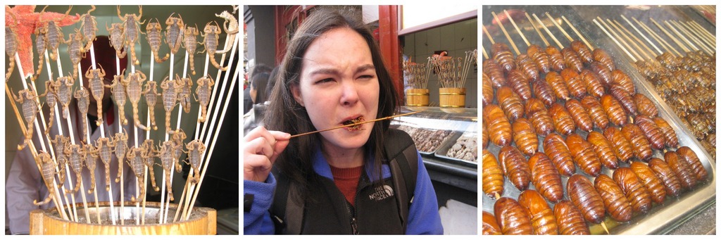 A brave tourist trying fried scorpion in Beijing Photo: baozisandjiaozis