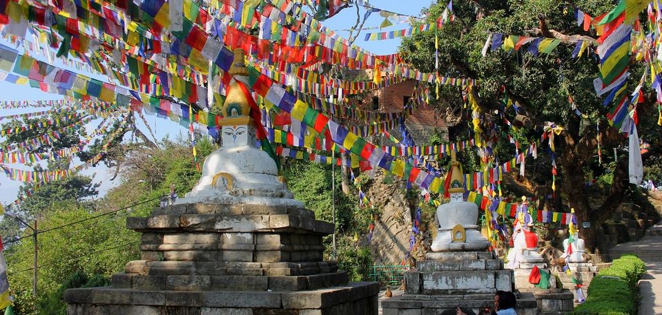 Stupas and prayer flags at Swayambhunath (Monkey Temple) in Kathmandu, Nepal