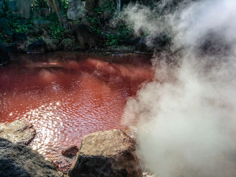 Blood-red-pond-Beppu onsen hot springs japan