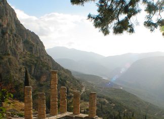 The Temple of Delphi under the shadow of Mount Parnassus