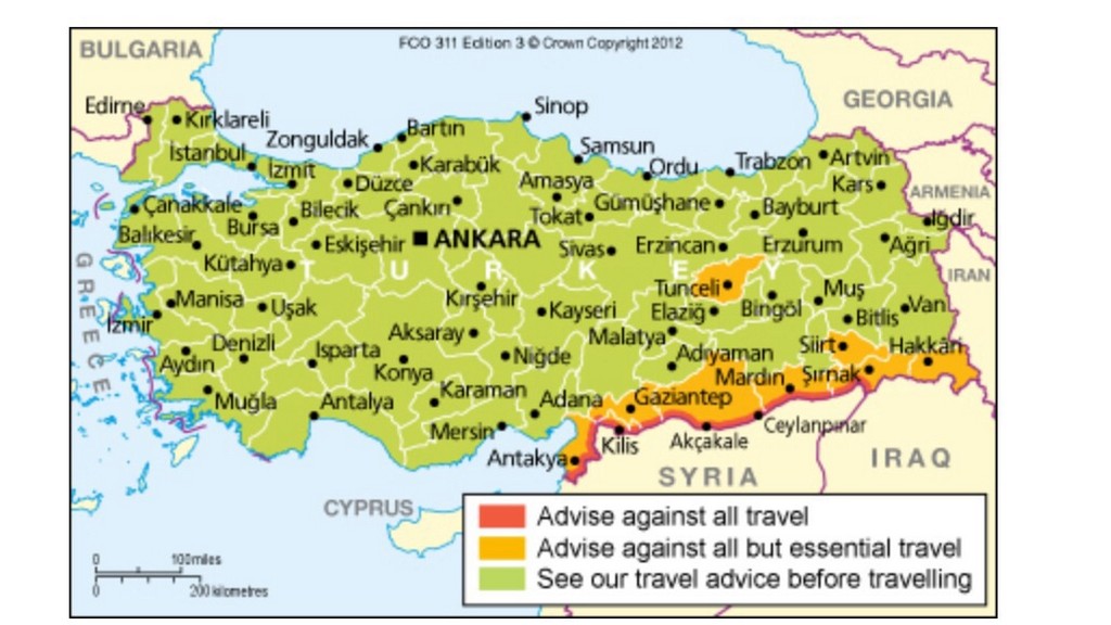 color-coded map, areas to avoid, Turkey, Travel alerts, travel warnings