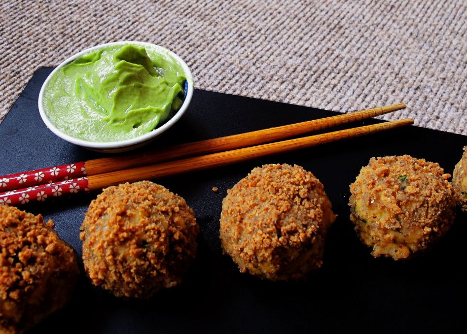 Salmon Korokke (Croquette) Balls with Wasabi Avocado-naise