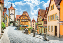 Beautiful postcard view of the famous historic town of Rothenburg ob der Tauber on a sunny