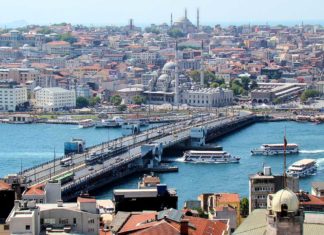 Galata Bridge Istanbul with Yeni Cami mosque, view from Galata Tower