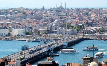 Galata Bridge Istanbul with Yeni Cami mosque, view from Galata Tower