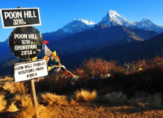 Beautiful view of Annapurna South from Poon hill at 3210 m.