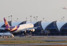 An airplane landing at Suvarnabhumi airport