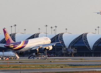 An airplane landing at Suvarnabhumi airport