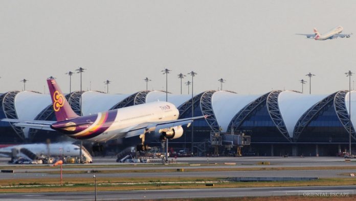 An airplane landing at Suvarnabhumi airport