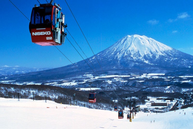 Cable car in Niseko with Mt Fuji in the background