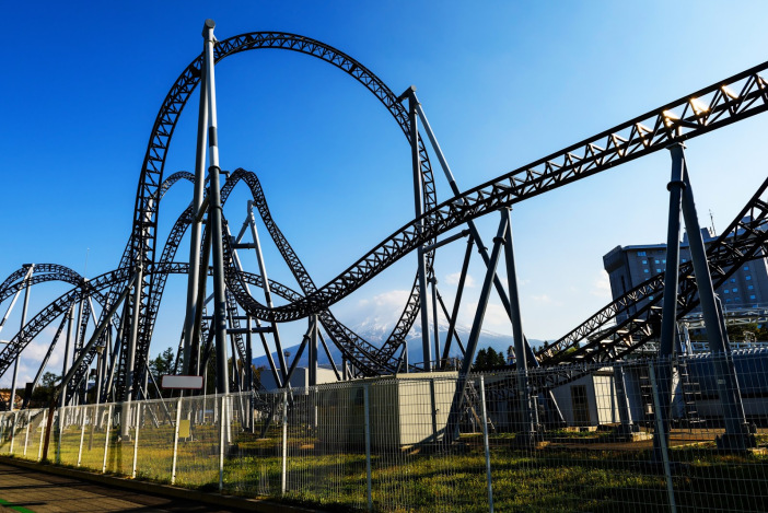 Roller coaster railway against Mt. Fuji in Fujiyoshida, Yamanashi, Japan.
