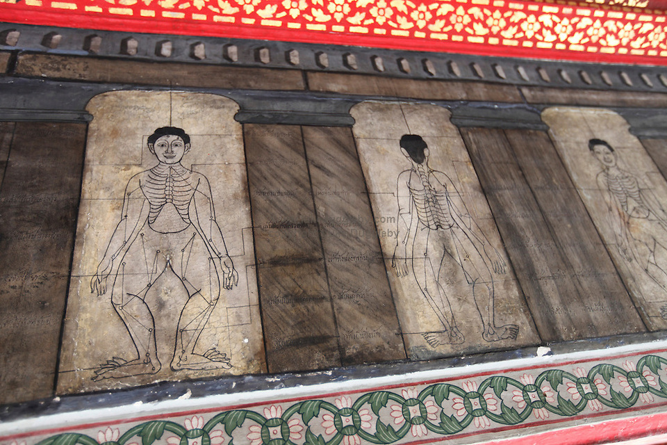 Old inscriptions carved in stone show the bodies pressure points used in traditional Thai massage at.