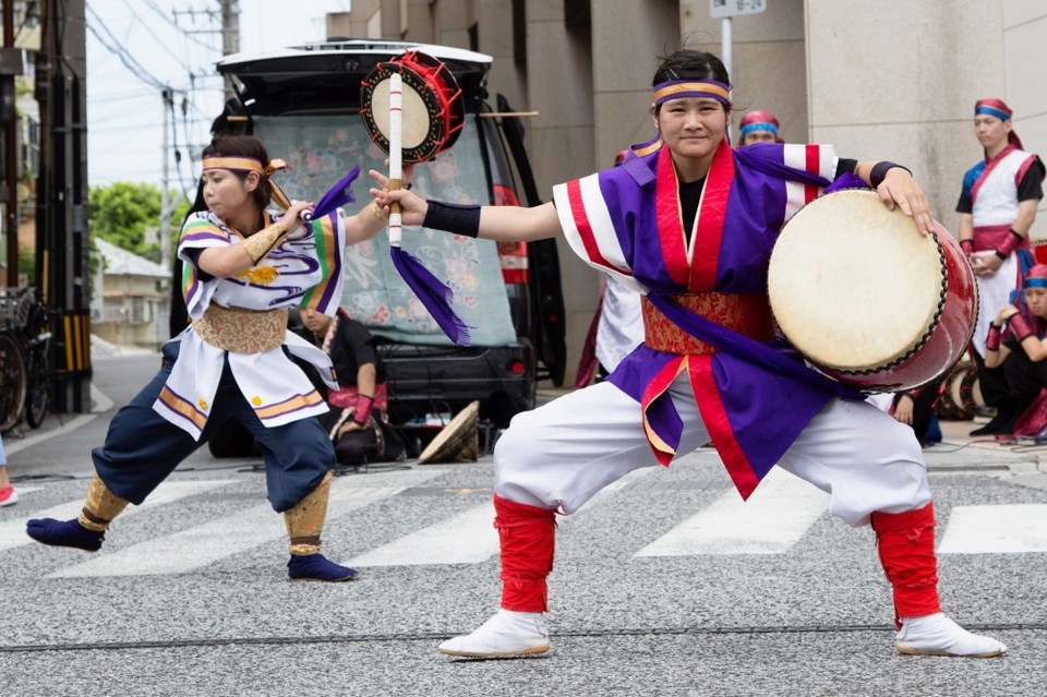 Gathering of Eisa members during summer in Naha, Okinawa