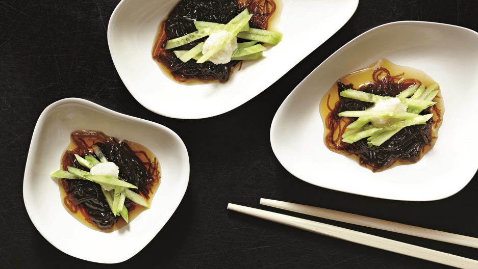 Marinated mozuku seaweed with cucumber
