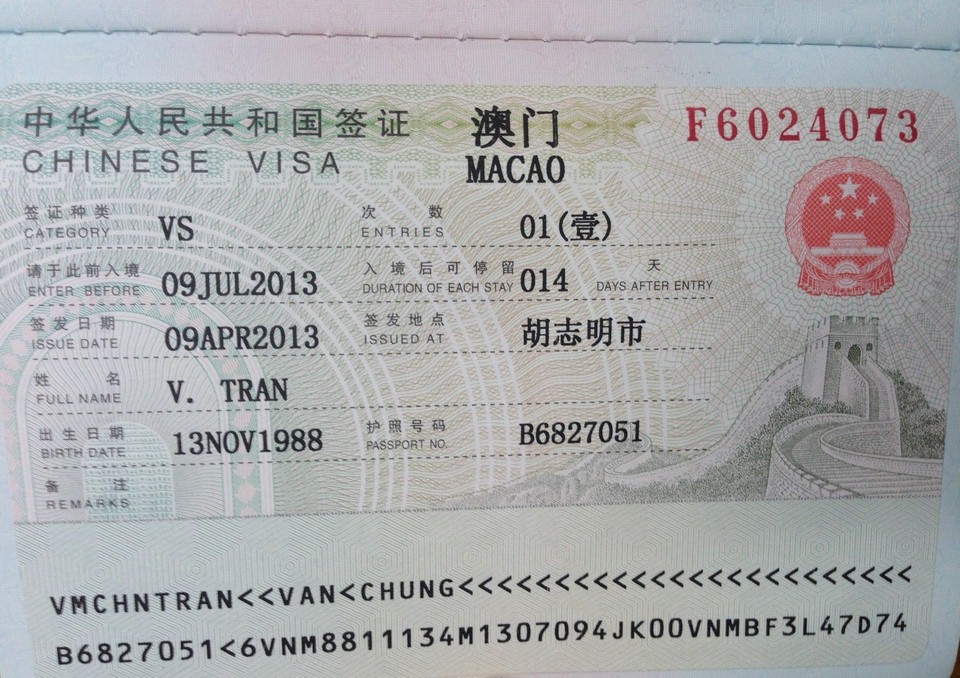 Macau visa issued by PRC 2