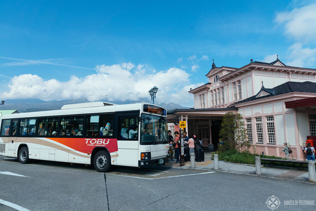 The tobu bus covered by the all nikko pass leaving at Nikko Station