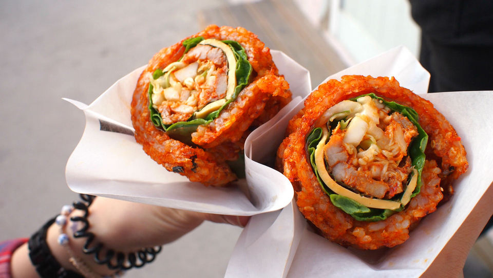 Bibimbap waffle is one of famous street food in Jeonju Hanok village, South Korea.
