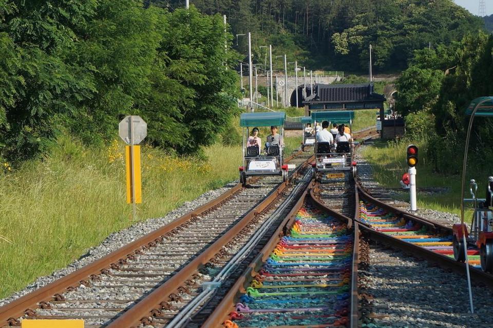 Riding at Jeonju Hanok Rail Bike