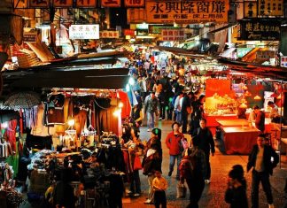 Bustling shopping street in HK.