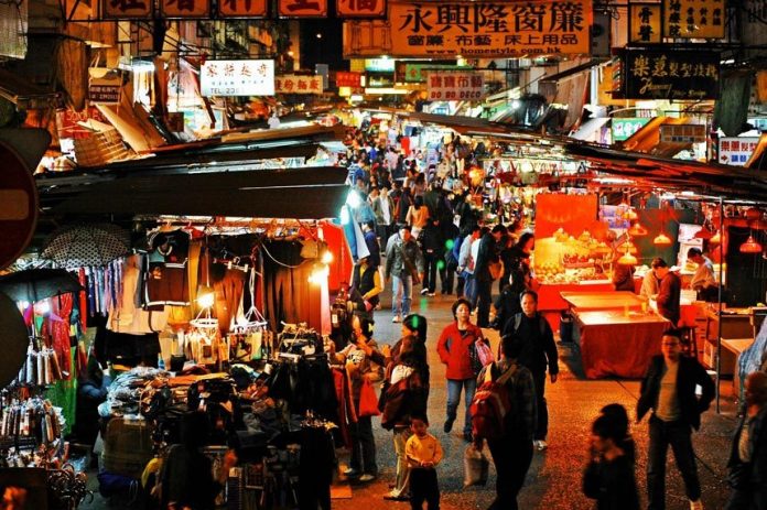 Bustling shopping street in HK.