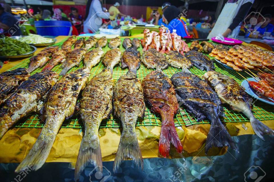 Variety of grilled seafood in Kota Kinabalu night market in Kota Kinabalu