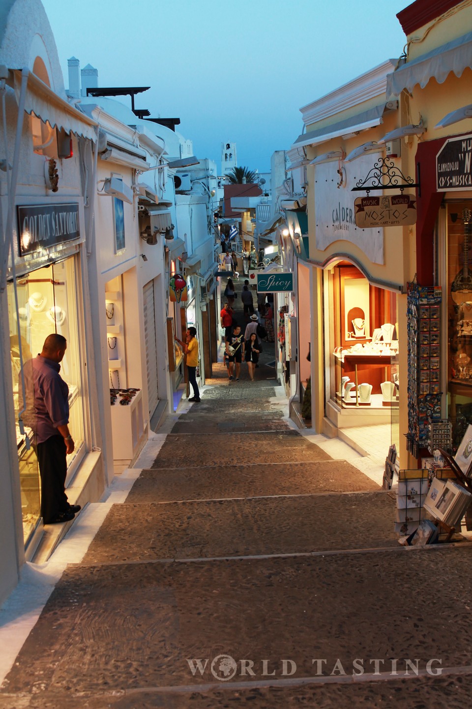 Small streets and jewelry shops are typical for Fira, Santorini