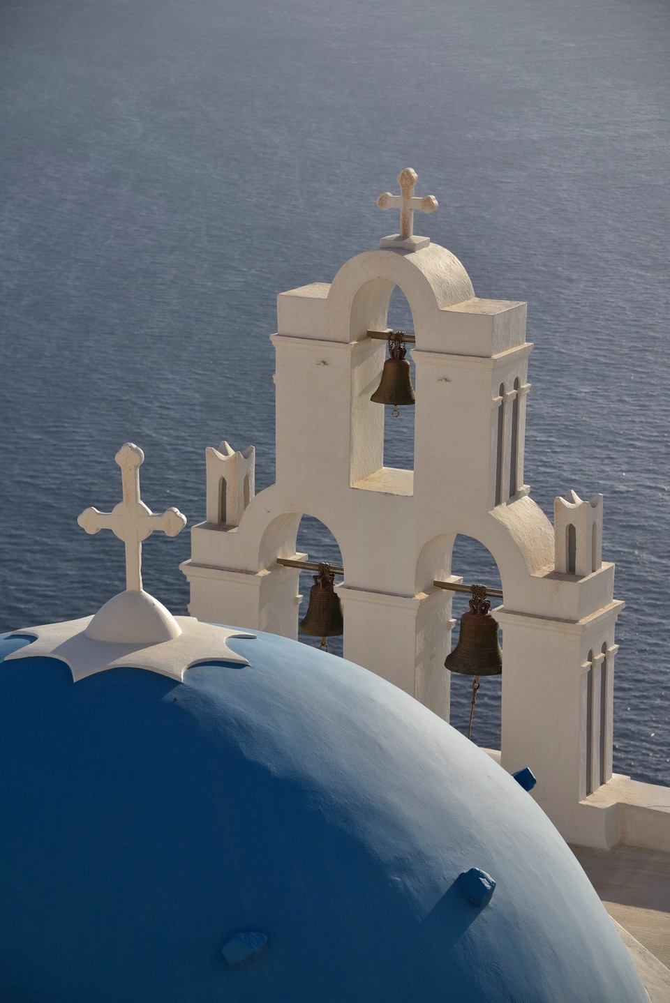 Three Bells of Fira, blue dome, white buildings, Santorini, Greece