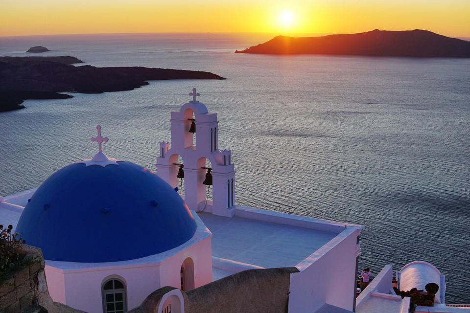 Three Bells of Fira, blue dome, white buildings, Santorini, Greece3