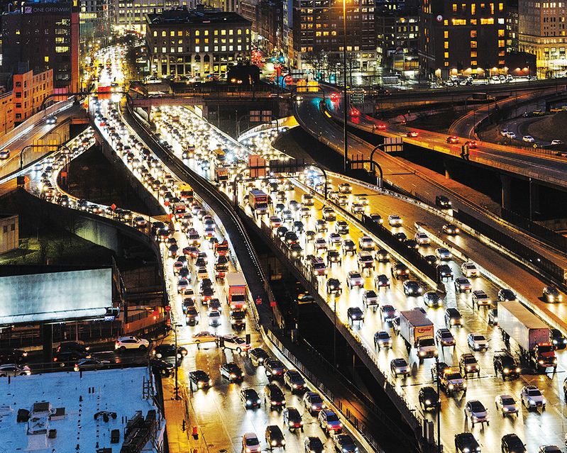 Traffic jam at rush hour on highway I-90, Boston