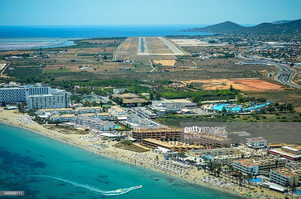 Aerial view of Ibiza airport and beach clubs