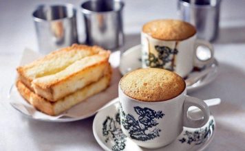 Typical Ipoh breakfast with white coffee and toasts