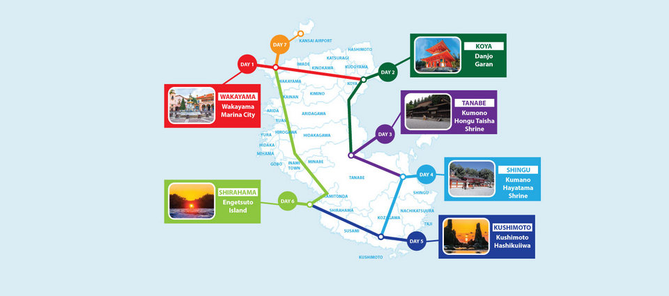 Map of 7 days 6 nights self driving in Wakayama.