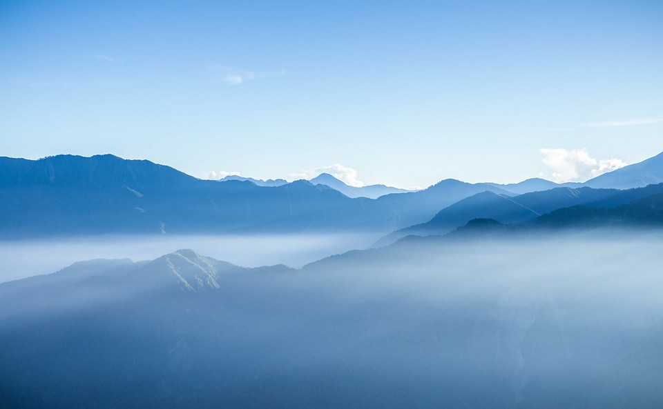 Morning scene of hazy blue mountains of Zhushan in Taiwan