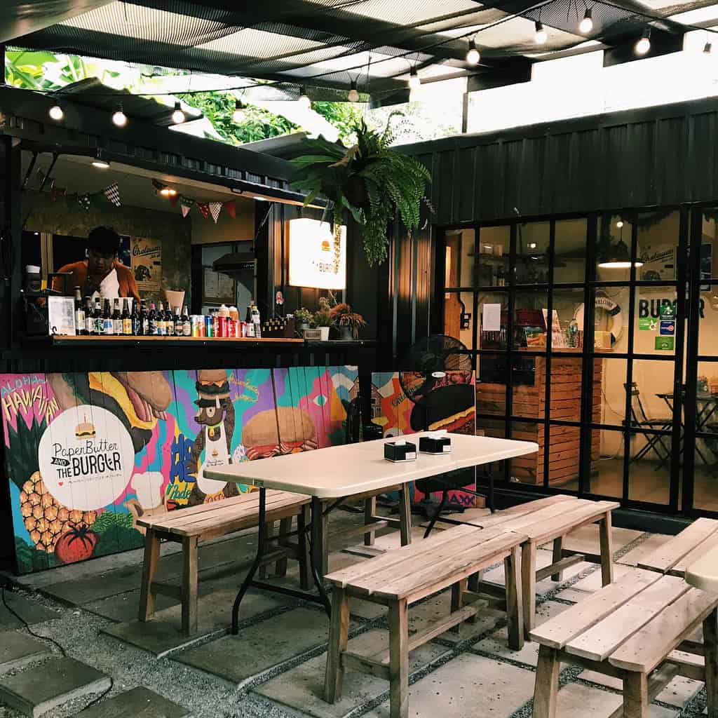 The small bar area of The Yard Hostel Bangkok.