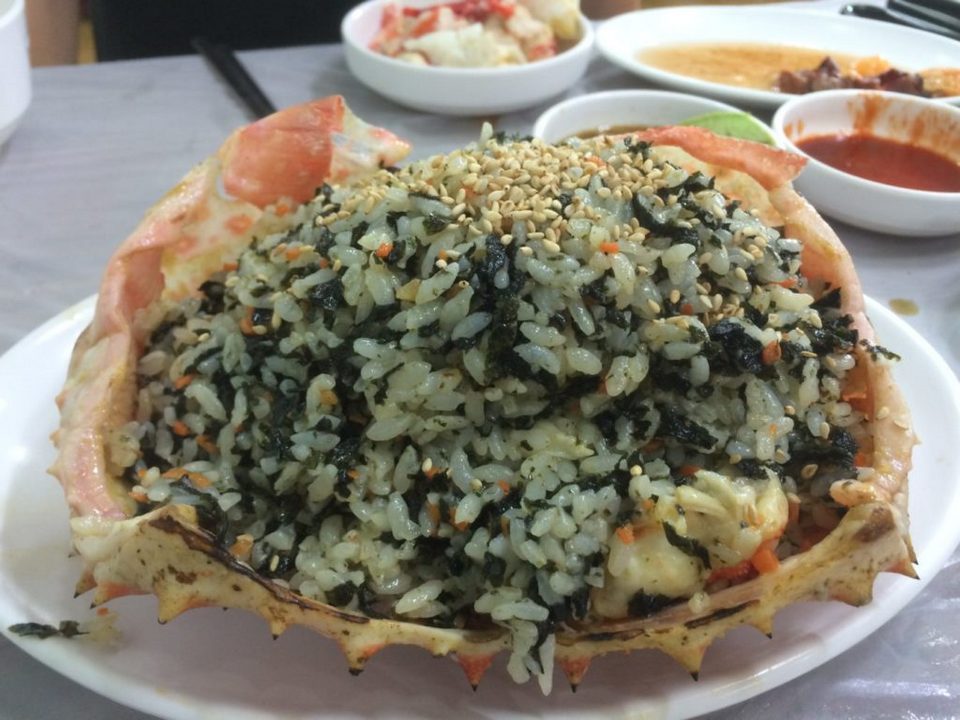 A close-up of rice mixed crab carapace