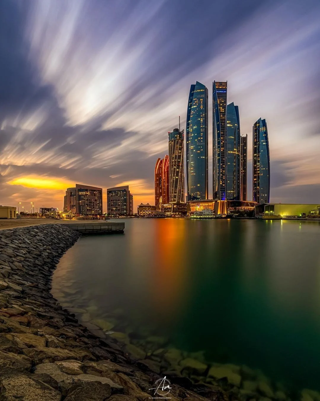 Stunning sunset at at Etihad Tower, Abu Dhabi
